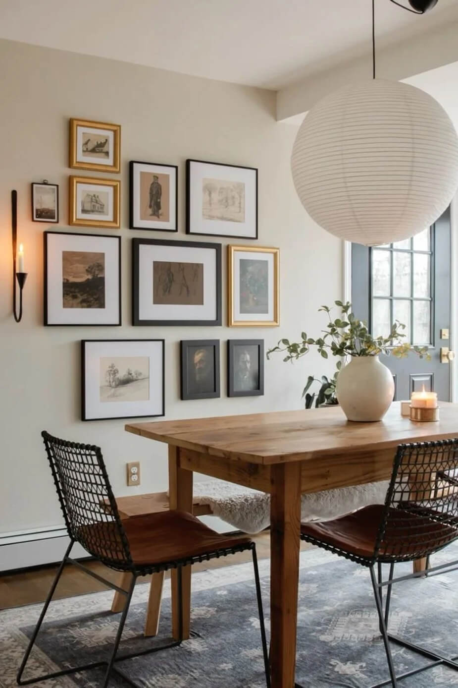 Photos with metal frames in a dining room