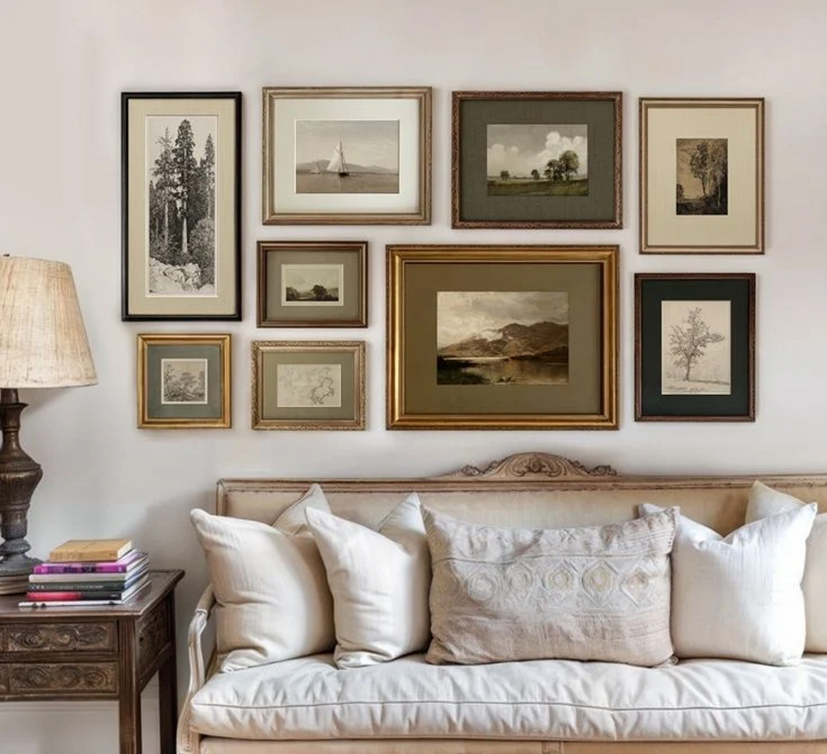 Photos using vintage frames in a living room